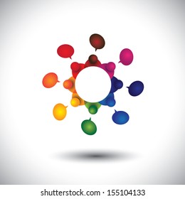 concept vector of school kids talking or employee meeting in circle. The graphic also represents social media interaction & engagement, children talking in school, employee discussions, community talk