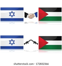 Concept vector showing the flags of Israel and Palestine divided by weapons or a handshake, signifying war and peace
