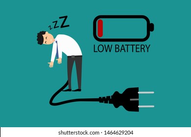 Concept vector of sleepy person with plug and symbol of low battery on blue background