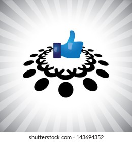 Concept vector- social media like hand icon(Symbol) & people. The illustration shows team of people, friends & relatives  together as a circle & connections(networking) using like facebook sign