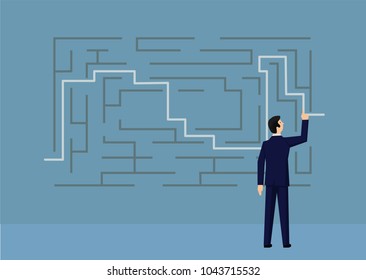 concept vector symbol with businessman drawing line through maze of labyrinth.Eps10 vector illustration