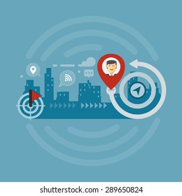 Concept of vector travel, e-commerce and Gps. Flat design. Vector Illustration.