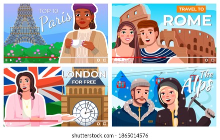Concept of vector video player interface. Set of video interview about travel to different countries. Screensaver of video for vlog or cocial media. Online tour or educational television project