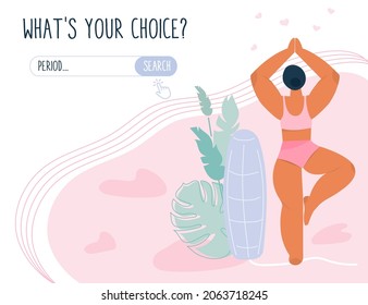 Concept vector WEB banner with body positive girl about tampon. The menstrual period cycle or PMS is NORMAL. What's your choice
