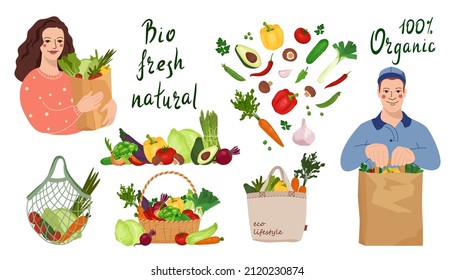 Concept of a vegan lifestyle without waste. Vegan and vegetarian food set. Eco bags set. The psychology of proper nutrition and eco lifestyle. Lettering: Bio, fresh, natural, organic