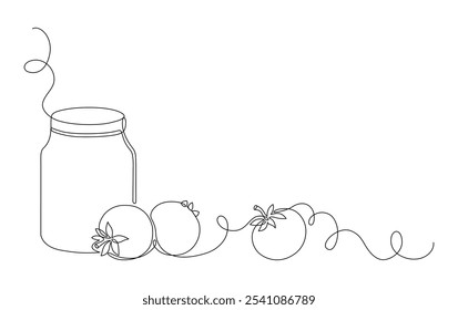 Concept of vegetable canning: fresh tomatoes, jar with ketchup, juice, pickles tomatoes or sauce, drawn with a continuous line in minimalist style, single line, editable vector contour.