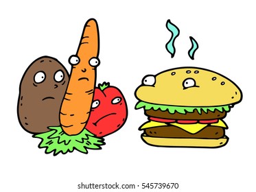 The concept of vegetables and hamburger competition , calling for human to choose between healthy and full of vitamins meal and harmful high-calorie fast food, leading to health problems and obesity.