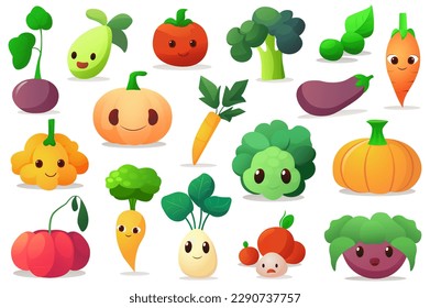 Concept Vegetables. This flat cartoon design depicts a set of different vegetables, such as tomatoes, carrots, and broccoli, in a stylized way on a white background. Vector illustration.