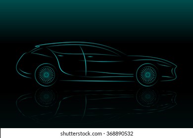 Concept Vehicle Silhouette. Vector Car Outlines Isolated On Black Background