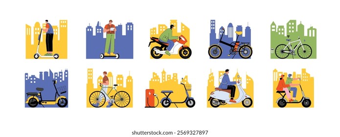 The concept of vehicles with electric energy, modern transportation in urban areas with various types, such as scooters, bicycles, to sports motorbikes, vector illustration.