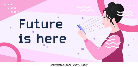 Concept of verification on smartphone - banner. Horizontal layout with woman face recognition scene and abstract background in memphis style, pink palette
