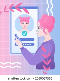 Concept of verification on smartphone. Face recognition of woman by mobile phone, screen with face ID interface on background. Flat vector illustration in memphis style