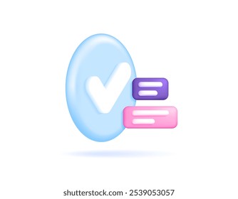 concept verified, acceptance, approval, correct, valid, yes. illustration of circle with check mark and information symbol. symbol or icon. minimalist 3d style design. element