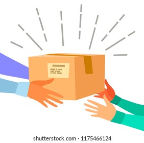 The concept of very fast delivery. Human hands carry the box. Hand to hand. Vector illustration in flat style.