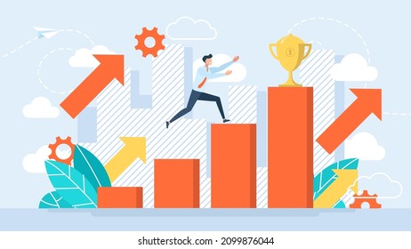 The concept of victory, competition. Business success strategy. The young man reaches the goal. Businessman benefits from business. Reward for work. Golden cup. First place. Vector flat illustration.
