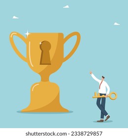 Concept of victory, to find secret key or method to achieve highest result in work or study, winning strategy for defeating competitor, great success, man with golden key near winner cup with keyhole.