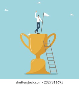 Concept of victory, finding right strategy for development and prosperity of the business, achieving goals and receiving rewards, logic and intelligence to solve problems, man with flag stands on cup.