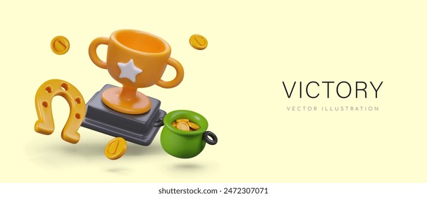 Concept of victory. Golden cup on stand, horseshoe, pot of coins