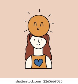 The concept of victory over depression, positive mood, mental health. The girl smiles with the sun on her head. Vector illustration in flat style