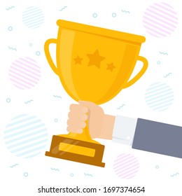Concept of Victory and Success. Hand holds a winner cup. Vector