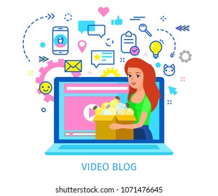 Concept of video blogging. The business woman is in her video blog on the notebook screen. Flat design, vector illustration.