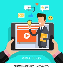 Concept of video blogging. The guy is in his video blog on the computer screen. Flat design, vector illustration.