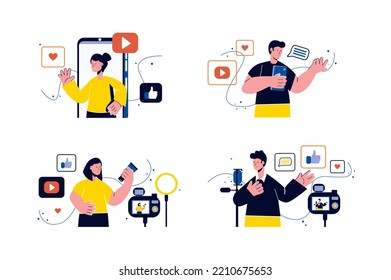 Concept Video blogging with people four scenes in the flat cartoon style. Bloggers record new videos for their social networks using various gadgets. Vector illustration.