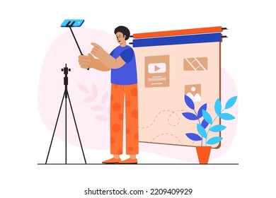 Concept Video blogging with people scene in the flat cartoon style. Blogger broadcasts live using a phone and a selfie stick. Vector illustration.