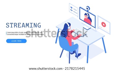 Concept of video blogging. Woman sitting in front of computer and streaming online. Web banner. Vector illustration. Foto stock © 