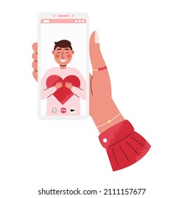 Concept of video call with loved one. Valentines Day. Womans hand holding smartphone with her beloved boyfriend on screen. Flat vector illustration.