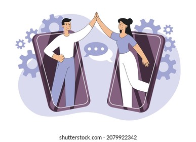Concept of video call. Man and girl giving each other five via smartphones. Characters happy to see each other, modern technologies, screen. Line art, outline, doodle. Cartoon flat vector illustration