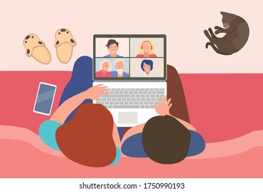 Concept of video calls. girls speaking with people online at home seen from above,. 
Video chat with family. Flat vector illustration.Coronavirus pandemic.
Video conference with family on quarantine.