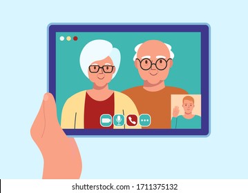 Concept of video calls. A man speaking with people online at home.Video chat with family. Flat vector illustration.