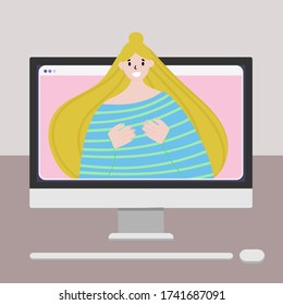El concepto de videochat o video conversaciones. Reuniones en Internet durante el autoaislamiento. Imagen de una chica en una ventana del navegador abierta en tu computadora. Trabajando a distancia, reuniéndose a través de videoconferencia.