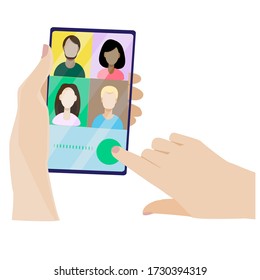 The concept of video chat. Modern vector illustration in flat style. Landing in video conference mode. People on the smartphone screen are talking to a colleague. Hand holding the phone.