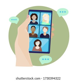 The Concept Of Video Chat. Modern Vector Illustration In Flat Style. Landing In Video Conference Mode. People On The Smartphone Screen Are Talking To A Colleague. Hand Holding The Phone.