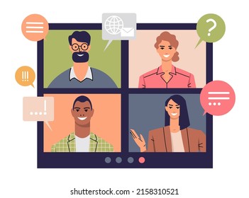 The concept of video chat, remote work, video conferencing, webinar, business meeting. Men and women communicate online, for work, friendly communication. Flat style isolated on white background. 