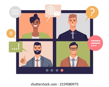 El concepto de videochat, trabajo a distancia, videoconferencia, webinar, reunión de negocios. Los hombres y mujeres de negocios se comunican en línea, por trabajo, y a distancia para la gestión de proyectos. Aislado en blanco. 