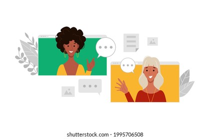 Concept video chat of two women. Online call. Vector illustration hand drawn flat style.