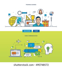Concept of video communications, training and educational courses. Color Line icons collection. Vector design for website, banner, printed materials and mobile app.
