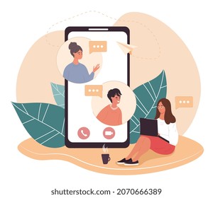 Concept Of Video Conference. Girls Communicate Via Smartphone. Online, Internet, Interaction, Dialogue. Meeting Of Board Of Directors, Negotiations, Business. Cartoon Flat Vector Illustration