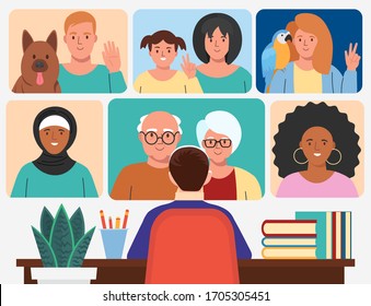 Concept of video conference. A man speaking with many people online at home.Video chat with friends and family. Flat vector illustration.