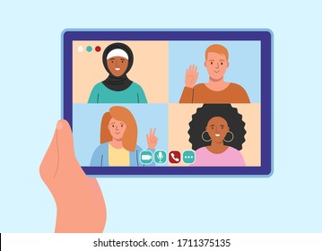 Concept of video conference. A man speaking with many people online at home.Video chat with friends and family. Flat vector illustration.