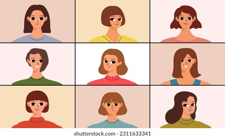 Concept of video conference, online call, virtual discussion. Girls communicate with each other via the Internet. Cartoon style
