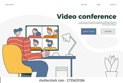 Concept of video conference. Online form work at home meeting. Group people on computer screen with colleague. Vector illustration page,landing in flat style