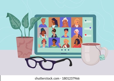 Concept video conference, online meeting and work from home with social media chat avatars, flat vector illustration. Business team meeting online and having corporate virtual conference.