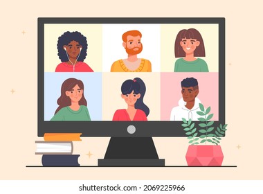 Concept Of Video Conference. People Call Up About Internet. Social Networks, Media, Online Work, Colleagues, Employees. Board Of Directors Meeting, Coworking. Cartoon Flat Vector Illustration