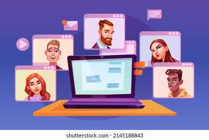Concepto de videoconferencia y comunicación web. Hombres y mujeres trabajan a distancia y tienen una reunión virtual en línea. Trabajo desde casa, independiente, concepto de discusión de negocios. Reunión de equipo en línea. Vector
