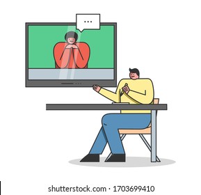 Concept Of Video Conference Or Webinar. Male Character Takes An Online Course Or Video Business Conference With Instructor For Online Education. Cartoon Linear Outline Flat Style Vector Illustration