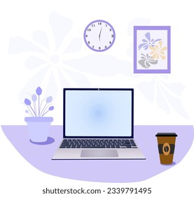 Concepto de videoconferencia, aprendizaje, videocomunicación en línea con colegas, amigos, estudiantes en casa o en la oficina. Trabajo remoto. Abre el ordenador portátil sobre la mesa. Ilustración plana. Vector.